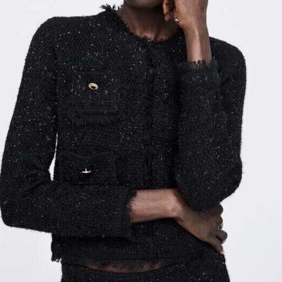 Zara Black Metallic Tweed Thread Knit Cardigan Jacket. - Picture 2 of 10